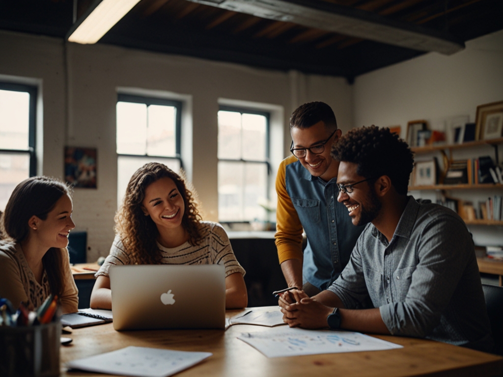 Equipo de emprendedores colaborando en un espacio creativo
